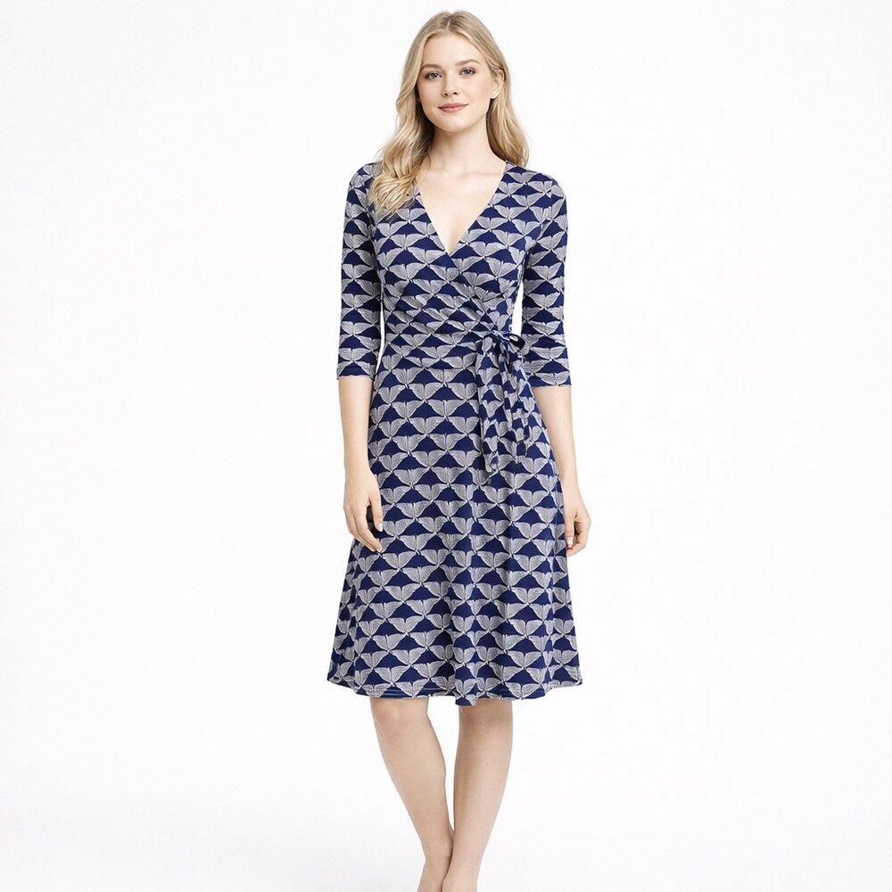 Synergy Bird Print Jersey Faux Wrap Dress 3/4 Sleeve Blue White XS #A1161